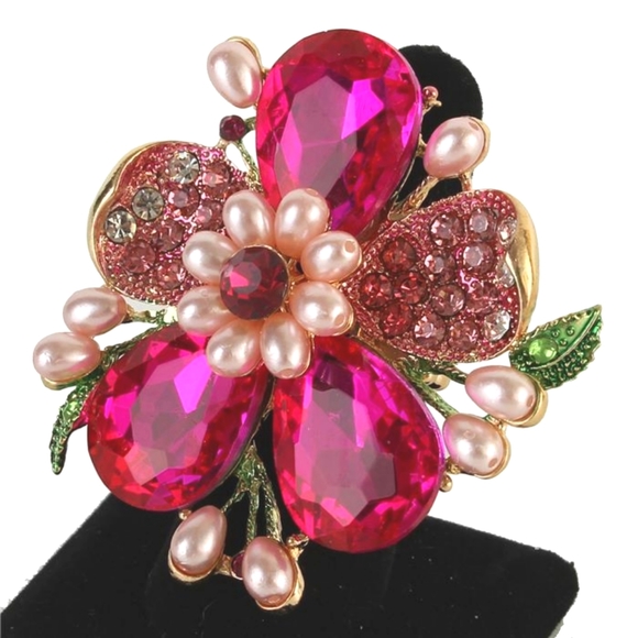Pink Pearl Rhinestone Crystal Oversized Floral Ring Fashion Statement Jewelry - Picture 3 of 3